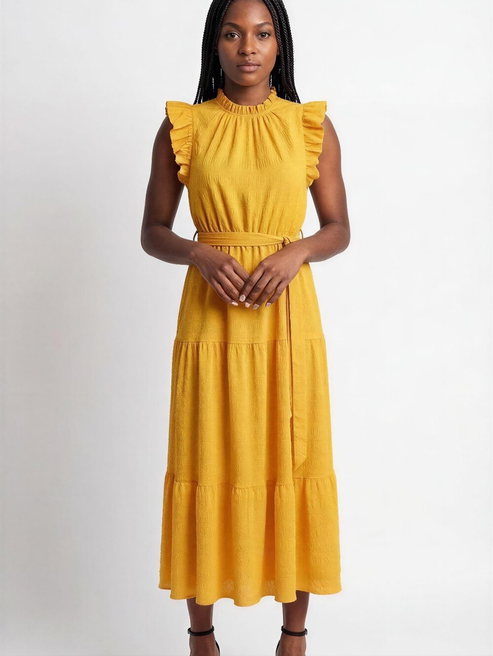 SHEIN Sleeveless Ruffle High-Neck Maxi Dress in Mustard SIZE SMALL